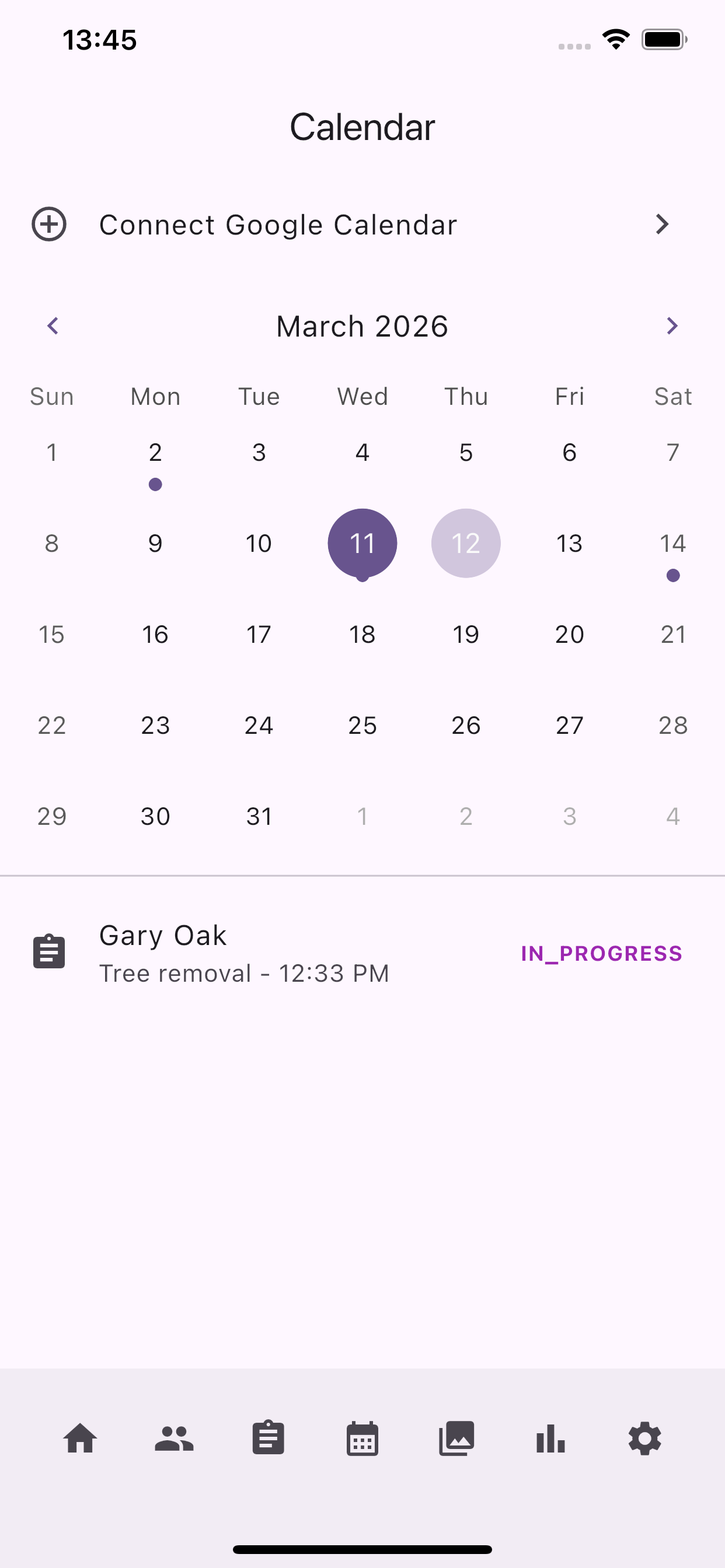 Calendar view with monthly schedule and job details