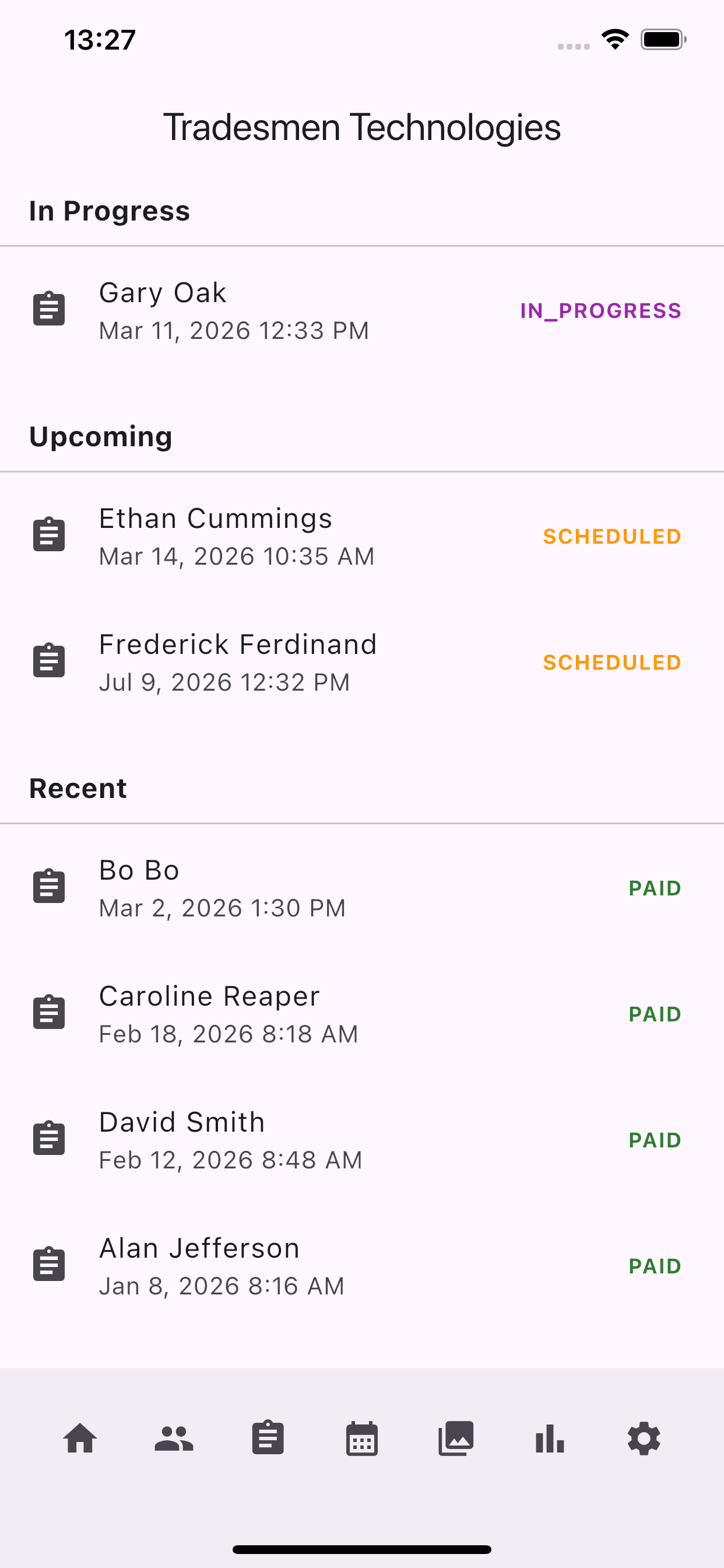 Dashboard showing in-progress, upcoming, and recent jobs
